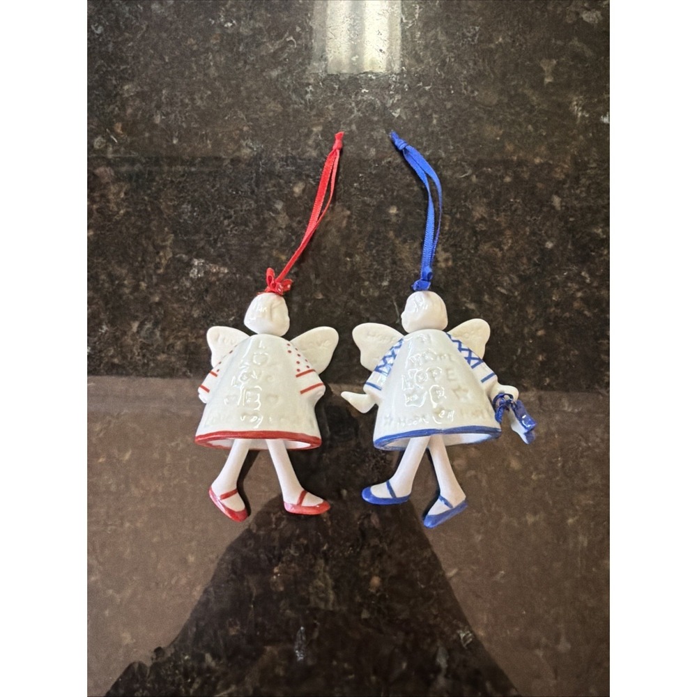 Vintage 2002 Hallmark Cards Love Hope Angel Ornaments Ceramic Christmas Set Of 2